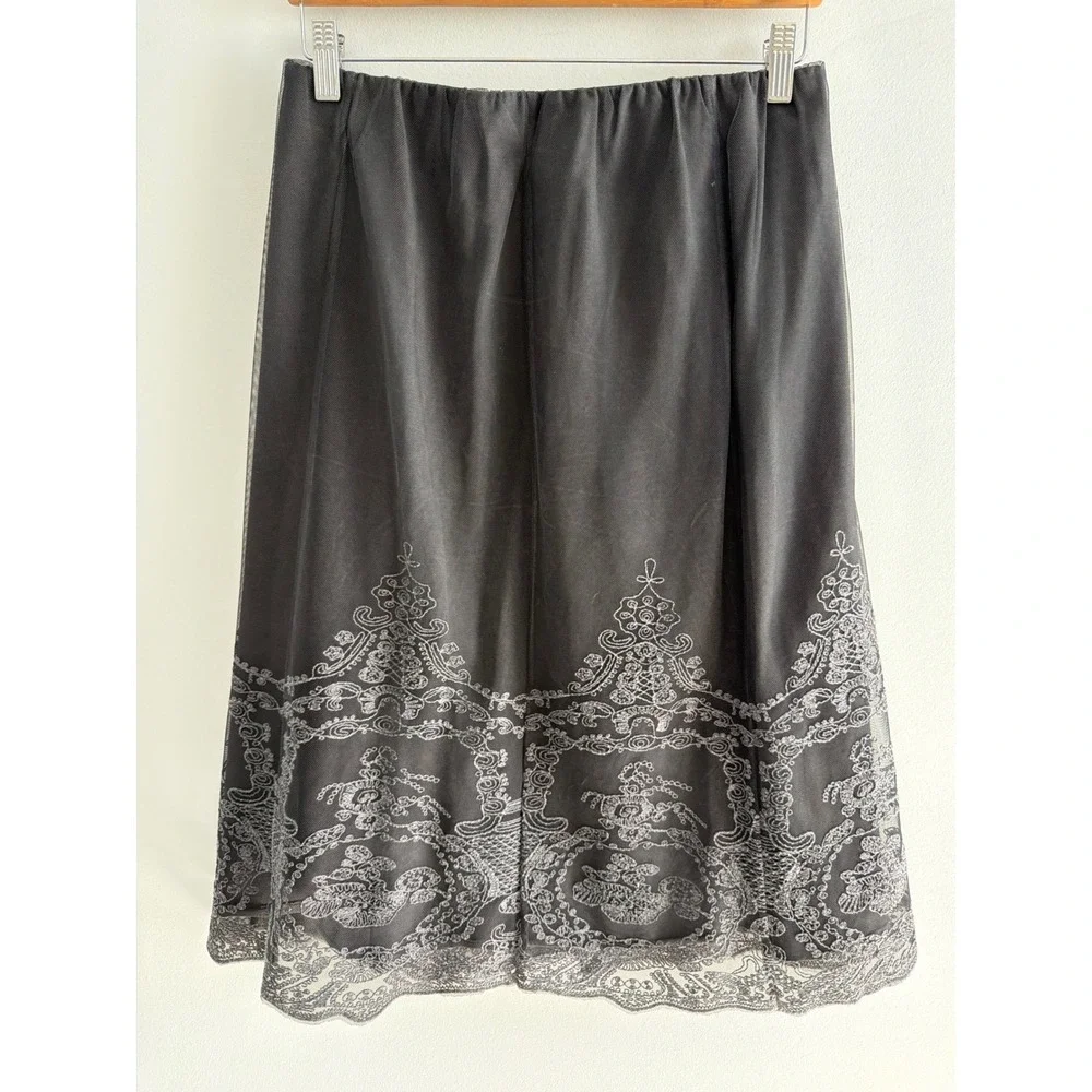 Soft Surroundings Black Mesh Embroidered Lace Trim Midi‎ Skirt Small